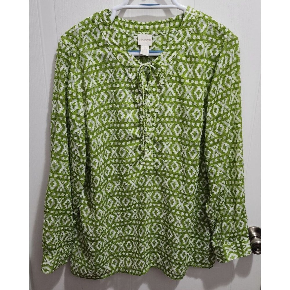 Chico's Women's Long Sleeve V Neck Tunic Top Green/White Semi-Sheer Size 2 (L)